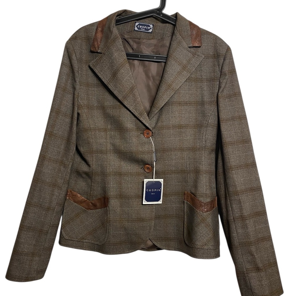 Brown Plaid Blazer with Leather Accents